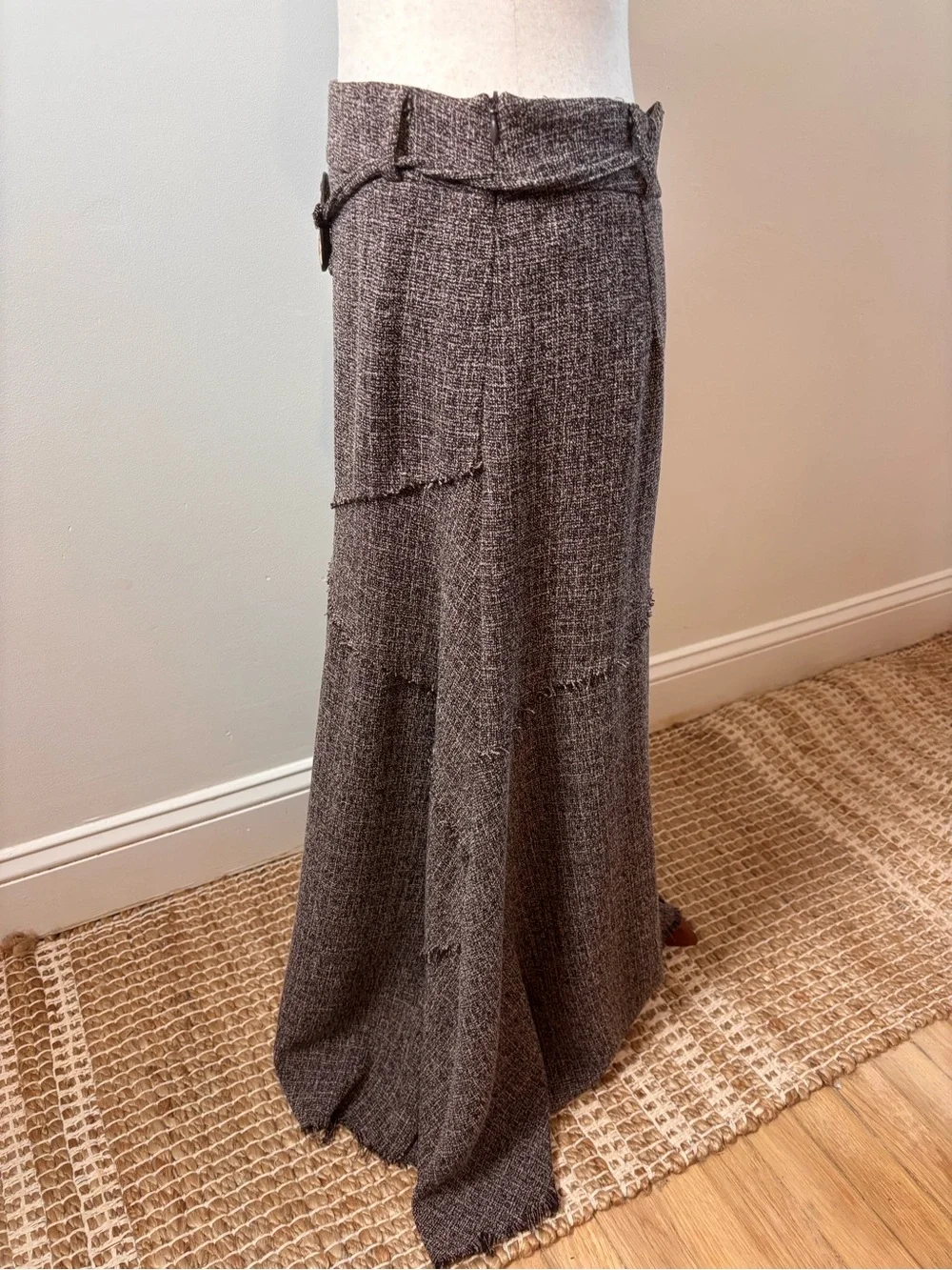 Y2K Boho Maxi Skirt Textured Knit Raw Hem Asymmetrical Belted Size 10